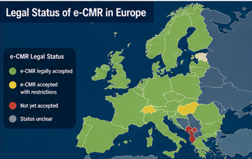 Mapa de Europa que muestra los países donde el e-CMR está legalmente aceptado para documentos de transporte digitales
