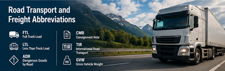 Camión de mercancías europeo transportando carga por autopistas que representa abreviaturas del transporte por carretera