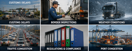 Transporte nacional e internacional europeo con autopistas de la UE, cruces fronterizos, almacenes y hubs logísticos
