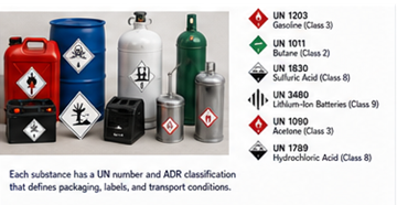 Ejemplos de mercancías peligrosas ADR, incluidos combustible, productos químicos, baterías y bombonas de gas