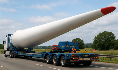 Pala de aerogenerador, máquina de construcción y equipos industriales transportados como carga sobredimensionada