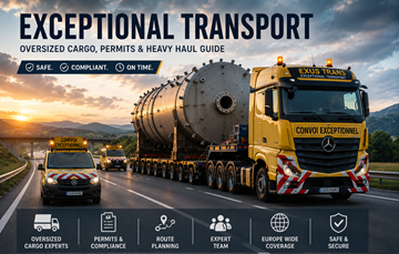 Convoy de transporte excepcional que transporta carga industrial sobredimensionada por Europa durante el atardecer