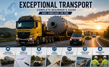 Camión de transporte excepcional llevando carga industrial sobredimensionada en una autopista europea con vehículos de escolta
