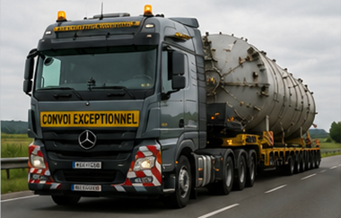 Transporte de carga sobredimensionada con tráiler de cargas pesadas llevando grandes equipos industriales