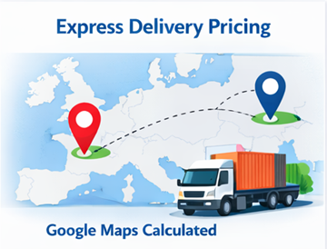 Ruta de entrega express en un mapa de Europa con camión de carga y precio de transporte calculado con Google Maps