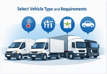 Diferentes tipos de vehículos para el transporte, incluidas furgonetas, camiones y transportadores de automóviles.