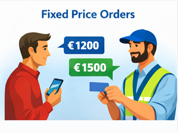 Cliente y transportista negociando un precio de transporte fijo en una aplicación móvil y plataforma digital