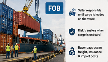 Contenedores de carga cargados en un buque de carga según los términos de envío FOB