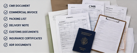 Documentos de transporte de mercancías, incluidos CMR, factura, documentos de envío y documentación logística