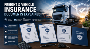 Documentos de seguro de mercancías y vehículos con transporte de carga por camión y conceptos de protección logística en Europa