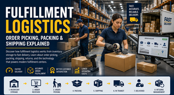 Almacén moderno de logística de fulfillment con operarios embalando pedidos online y preparando envíos