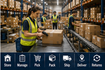 Operarios de almacén gestionando operaciones de logística de fulfillment y pedidos online