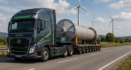 Convoy moderno de carga sobredimensionada que representa el futuro del transporte pesado europeo