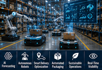 Almacén de fulfillment del futuro con robots, automatización con IA y sistemas logísticos inteligentes