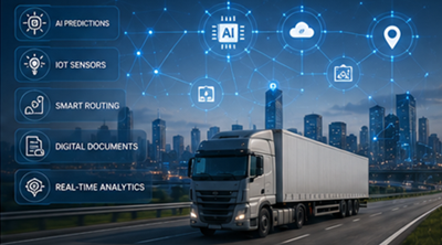 Tecnología logística del futuro con seguimiento de envíos mediante IA, sistemas de transporte inteligentes y visibilidad digital de la cadena de suministro