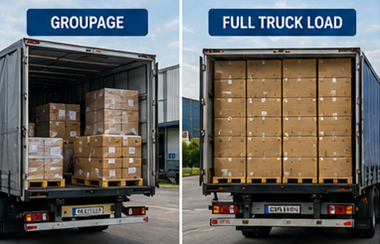 Comparación entre envío en grupaje y transporte de carga completa con camiones logísticos y mercancía paletizada