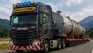 Cabeza tractora de gran tonelaje arrastrando un remolque de carga sobredimensionada en autopista