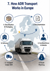 Proceso logístico ADR europeo con ruta de transporte de mercancías peligrosas y procedimientos de cumplimiento