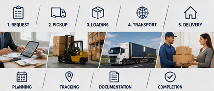Proceso de transporte de mercancías desde la recogida hasta la entrega con operaciones logísticas y manipulación de carga