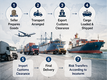 Proceso de envío internacional con camiones, puertos, aduanas y operaciones de entrega en Europa