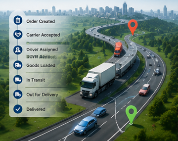 Proceso moderno de seguimiento logístico que muestra tracking GPS de camiones, sistemas digitales de transporte y actualizaciones de envíos