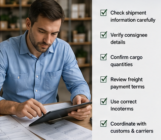 Profesionales de logística revisando documentos Bill of Lading antes de un envío internacional