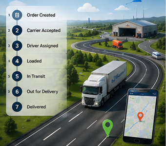 Proceso logístico digital que muestra seguimiento de envíos, rutas GPS y actualizaciones del estado del transporte
