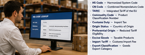 Clasificación arancelaria aduanera y documentación del código HS para envíos internacionales y abreviaturas en el comercio global