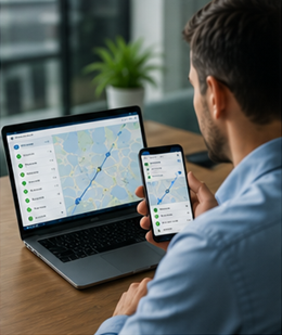 Cliente empresarial consultando actualizaciones de seguimiento de entrega para un envío de transporte importante en Europa