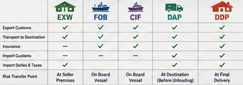 Comparación de responsabilidades de envío EXW, FOB, CIF, DAP y DDP en el transporte internacional