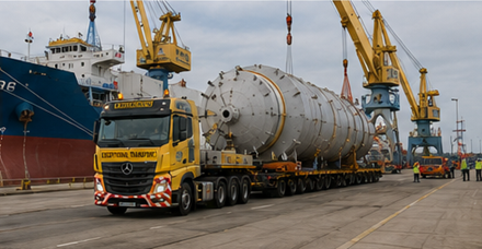 Puerto industrial gestionando carga sobredimensionada y operaciones de transporte excepcional
