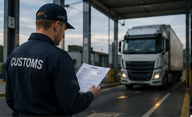 Personal de logística y aduanas verificando documentos de seguro y de transporte durante una operación de carga