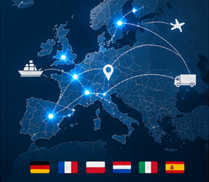 Seguimiento del transporte internacional a través de países europeos con rutas logísticas y operaciones aduaneras