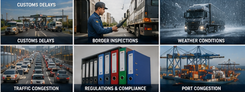 Retos del transporte internacional, incluidos retrasos aduaneros, meteorología, tráfico, puertos y operaciones logísticas de mercancías
