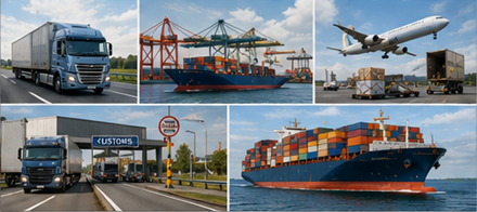 Transporte internacional de mercancías con camiones en cruces fronterizos, buques de carga, aduanas y operaciones logísticas globales