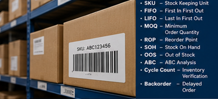 Gestión de inventario en almacén con etiquetas de códigos de barras, estanterías de almacenamiento y sistemas de trazabilidad logística