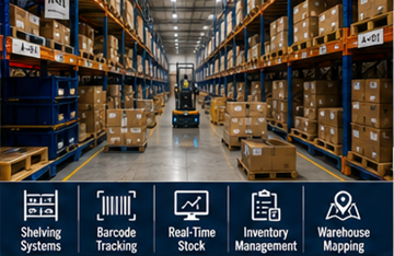 Gran centro de fulfillment almacenando inventario de e-commerce en estanterías de almacén