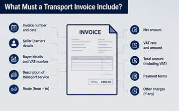 Campos de un documento de factura que incluyen datos de la empresa, número de IVA, costes de transporte e información del envío