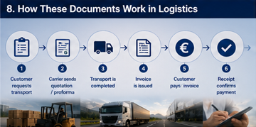 Flujo de trabajo logístico que muestra cotización, factura, recibo y proceso de pago en una plataforma de transporte