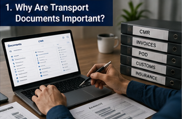 Profesional de logística organizando documentos de transporte, facturas y documentación de envíos en una oficina