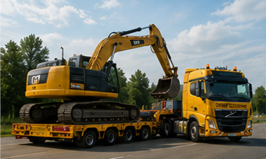 Remolque góndola de cama baja transportando maquinaria de construcción y carga sobredimensionada