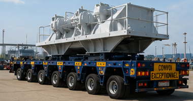 Remolque de carga pesada multieje transportando equipo industrial sobredimensionado