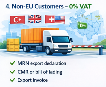 Transporte internacional fuera de la Unión Europea que muestra el 0% de IVA para clientes empresariales
