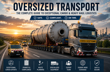 Convoy de transporte sobredimensionado que lleva carga excepcional por una autopista europea durante el atardecer