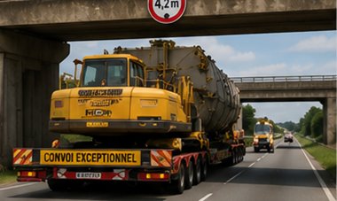 Camión de cargas pesadas transportando una carga sobredimensionada que supera las dimensiones estándar de la carretera