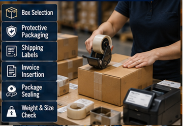 Operarios de almacén embalando pedidos online con cajas, etiquetas y materiales de protección