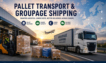 Transporte europeo de palés y envío en grupaje con camiones logísticos, almacenes, palés y operaciones de carga