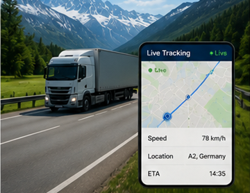 Camión con sistema de seguimiento de ruta por GPS en una autopista europea durante una operación de transporte