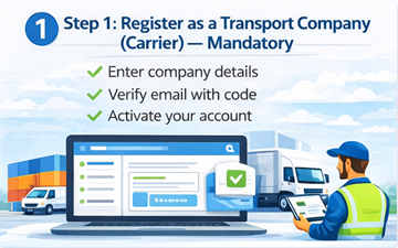 Empresa de transporte registrando una cuenta de transportista en la plataforma ExusTrans con proceso de verificación y activación de la empresa