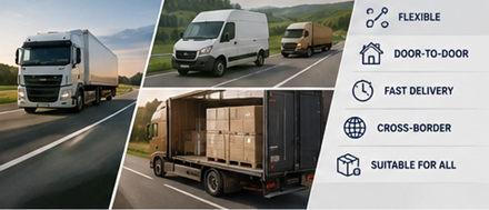 Transporte europeo de mercancías por carretera con camiones logísticos en rutas de entrega por autopista